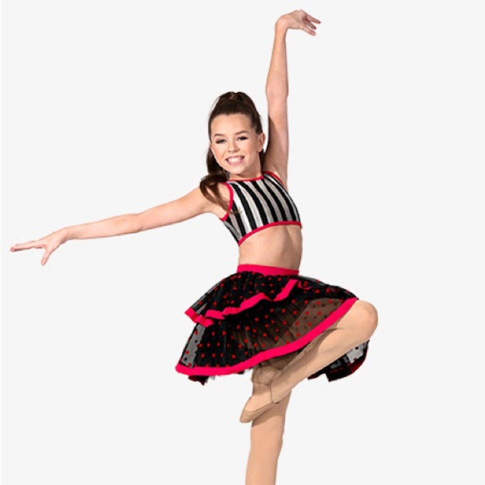 Elisse Two-Piece jazz dance costume, red black silver, size small adult